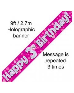 Banner Pink Holographic Happy 3rd Birthday - 2.7m (109403A)