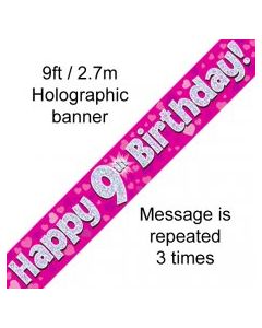 Banner Pink Holographic Happy 9th Birthday - 2.7m (109409A)