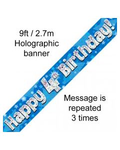 Banner Blue Holographic Happy 4th Birthday - 2.7m (109434A)