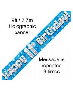 Banner Blue Holographic Happy 11th Birthday - 2.7m (109441A)