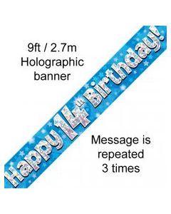 Banner Blue Holographic Happy 14th Birthday - 2.7m (109444A)