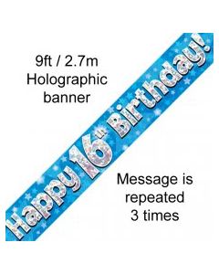 Banner Blue Holographic Happy 16th Birthday - 2.7m (109446A)