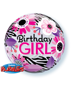 Birthday Girl Floral Zebra - 22 Inch Bubble Balloon (13738Q)