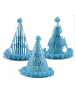 Pom Pom Party Hats - Happy Birthday Blue Assorted (202142A)