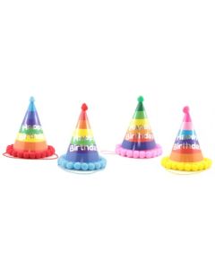 Pom Pom Party Hats - Happy Birthday Multi Stripe Assorted (202146A)