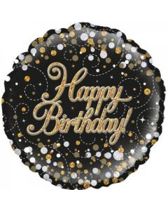Happy Birthday Sparkling Fizz Black & Gold - 45cm Foil Balloon (210440A)