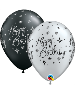 Happy Birthday Elegant Sparkle & Swirls - Black & Silver 28cm (11 Inch) Balloons (37497Q)