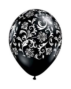 Damask Accent Pattern - Black with White Print - 28cm (11 Inch) Latex Balloon (37506Q)