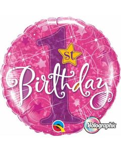 1st Birthday Holograph Pink Stars - 18 Inch Foil Balloon (41597Q)
