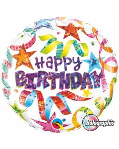 Happy Birthday Stars and Streamers - Holographic - 18 Inch Foil Balloon (41602Q)