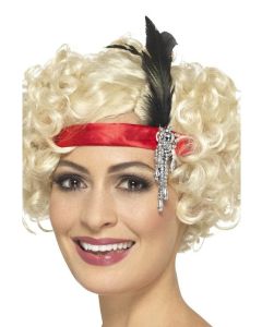 1920's Headband - Red Satin with Feather & Jewel Detail (SM48069)