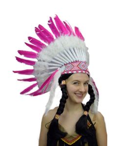 Small Indian Headdress Pink & White with Feather (IND21)