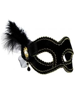 Masquerade Mask - Black With Side Feather (MF7140)