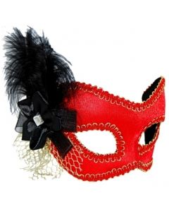 Masquerade Mask - Red With Black Feather (MF7141)