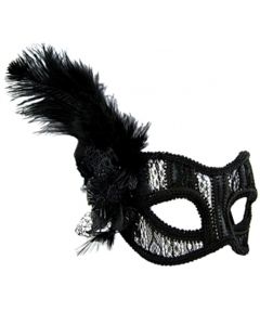 Masquerade Mask - Black Lace With Feather (MF7143)