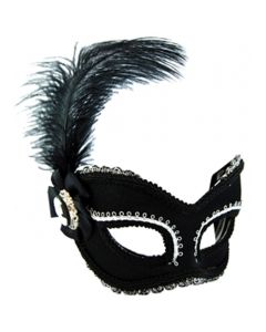 Masquerade Mask - Black & Silver With Feat (MF7145)