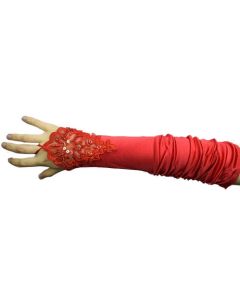 Long Red Fingerless Satin and Lace Gloves (MIC054R)
