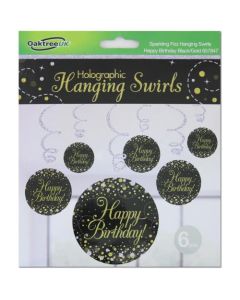 Hanging Swirl Sparkling Fizz Happy Birthday Black and Gold (Pack of 6) (OT657847)
