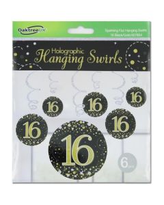 Hanging Swirl Sparkling Fizz 16th Black and Gold (Pack of 6) (OT657854)