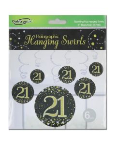Hanging Swirl Sparkling Fizz 21st Black and Gold (Pack of 6) (OT657885)